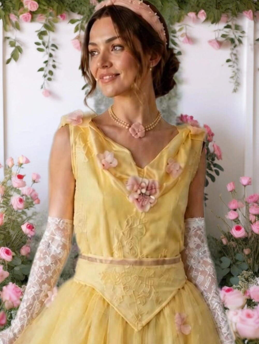 Belle Inspired Costume Set Ucycled Yellow Chiffon Midi Gown Size L - Picture 9 of 14